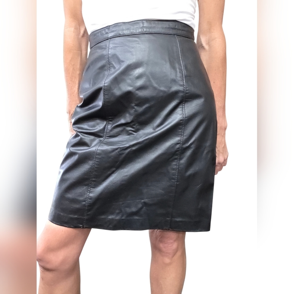 Vintage 90s Comint Genuine Leather Black Mini Skirt High Waist
